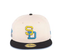 Load image into Gallery viewer, San Diego Padres New Era MLB 59FIFTY 5950 Fitted Cap Hat Cream Crown Black Visor Yellow/Blue Logo 1984 World Series Side Patch Gray UV
