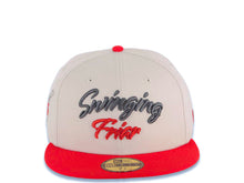 Load image into Gallery viewer, San Diego Padres New Era MLB 59FIFTY 5950 Fitted Cap Hat Stone Crown Red Visor Metallic Black/Red Script Logo Swinging Friar Side Patch Gray UV
