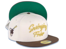 Load image into Gallery viewer, San Diego Padres New Era MLB 59FIFTY 5950 Fitted Cap Hat Cream Crown Brown Visor Brown/Metallic Gold Script Logo Swinging Friar Side Patch Green UV
