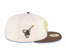 Load image into Gallery viewer, San Diego Padres New Era MLB 59FIFTY 5950 Fitted Cap Hat Cream Crown Brown Visor Brown/Metallic Gold Script Logo Swinging Friar Side Patch Green UV
