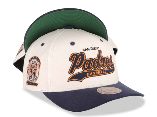 San Diego Padres Mitchell & Ness MLB Adjustable Snapback Cap Hat Cream Crown Navy Blue Visor Blue/Orange Logo 25th Anniversary Side Patch (Tail Sweep)