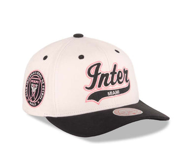 Inter Miami Mitchell & Ness Adjustable Snapback Cap Hat Cream Crown Black Visor Black/Pink Logo (Tail Sweep)