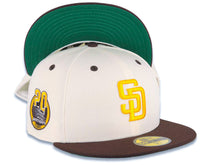 Load image into Gallery viewer, San Diego Padres New Era MLB 59FIFTY 5950 Fitted Cap Hat Cream Crown Brown Visor Yellow Logo Petco Park 20 Years Side Patch Green UV
