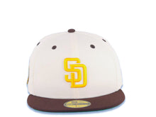 Load image into Gallery viewer, San Diego Padres New Era MLB 59FIFTY 5950 Fitted Cap Hat Cream Crown Brown Visor Yellow Logo Petco Park 20 Years Side Patch Green UV
