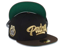 Load image into Gallery viewer, San Diego Padres New Era MLB 59FIFTY 5950 Fitted Cap Hat Black Crown Brown Visor Metallic Gold Script/Text Logo Petco Park 20 Years Side Patch
