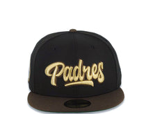 Load image into Gallery viewer, San Diego Padres New Era MLB 59FIFTY 5950 Fitted Cap Hat Black Crown Brown Visor Metallic Gold Script/Text Logo Petco Park 20 Years Side Patch
