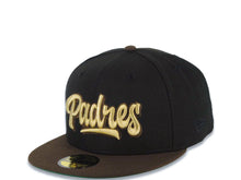 Load image into Gallery viewer, San Diego Padres New Era MLB 59FIFTY 5950 Fitted Cap Hat Black Crown Brown Visor Metallic Gold Script/Text Logo Petco Park 20 Years Side Patch
