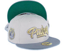 Load image into Gallery viewer, San Diego Padres New Era MLB 59FIFTY 5950 Fitted Cap Hat Stone Crown Gray Visor Metallic Gold/Gray Text/Script Logo Petco Park 20 Years Side Patch
