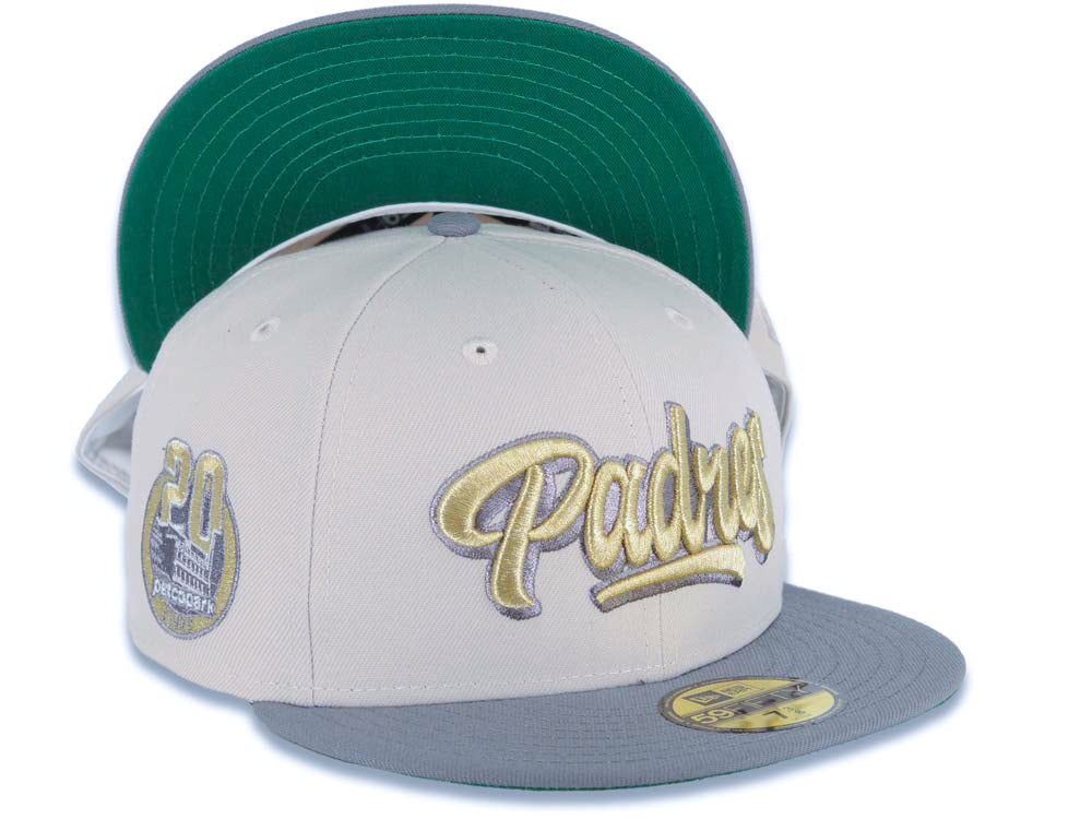 San Diego Padres New Era MLB 59FIFTY 5950 Fitted Cap Hat Stone Crown Gray Visor Metallic Gold/Gray Text/Script Logo Petco Park 20 Years Side Patch