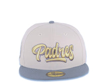 Load image into Gallery viewer, San Diego Padres New Era MLB 59FIFTY 5950 Fitted Cap Hat Stone Crown Gray Visor Metallic Gold/Gray Text/Script Logo Petco Park 20 Years Side Patch
