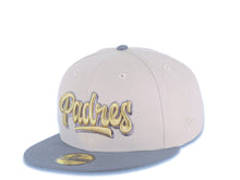 Load image into Gallery viewer, San Diego Padres New Era MLB 59FIFTY 5950 Fitted Cap Hat Stone Crown Gray Visor Metallic Gold/Gray Text/Script Logo Petco Park 20 Years Side Patch
