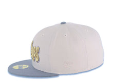 Load image into Gallery viewer, San Diego Padres New Era MLB 59FIFTY 5950 Fitted Cap Hat Stone Crown Gray Visor Metallic Gold/Gray Text/Script Logo Petco Park 20 Years Side Patch
