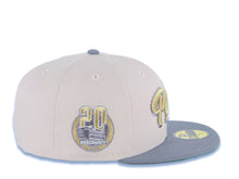 Load image into Gallery viewer, San Diego Padres New Era MLB 59FIFTY 5950 Fitted Cap Hat Stone Crown Gray Visor Metallic Gold/Gray Text/Script Logo Petco Park 20 Years Side Patch
