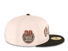 Load image into Gallery viewer, San Diego Padres New Era MLB 59FIFTY 5950 Fitted Cap Hat White Crown Black Visor Metallic Black/Red Script/Text Logo Petco Park 20 Years Side Patch
