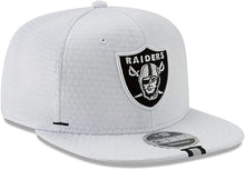 Load image into Gallery viewer, Oakland Raiders New Era NFL 9FIFTY 950 Snapback Cap Hat White Crown/Visor Black/White Logo (2019 Traning)
