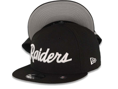 Las Vegas Raiders New Era 9FIFTY 950 Snapback Cap Hat Black Crown/Visor White Script/Text Logo Gray UV