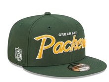 Load image into Gallery viewer, Green Bay Packers New Era NFL 9FIFTY 950 Snapback Cap Hat Green Crown/Visor Yellow/White Text Logo

