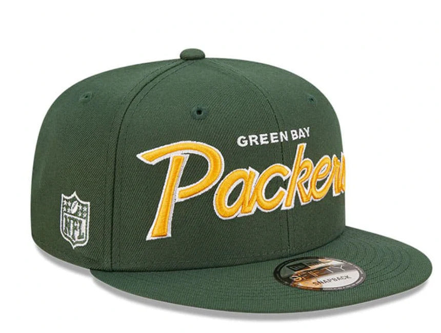 Green Bay Packers New Era NFL 9FIFTY 950 Snapback Cap Hat Green Crown/Visor Yellow/White Text Logo
