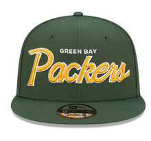 Load image into Gallery viewer, Green Bay Packers New Era NFL 9FIFTY 950 Snapback Cap Hat Green Crown/Visor Yellow/White Text Logo
