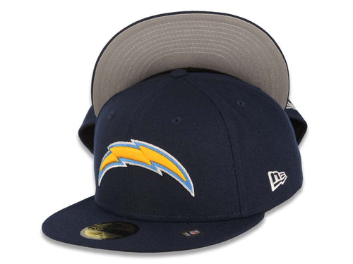 Los Angeles Chargers New Era NFL 59FIFTY 5950 Fitted Cap Hat Navy Blue Crown/Visor Yellow/Sky Blue/White Logo Gray UV