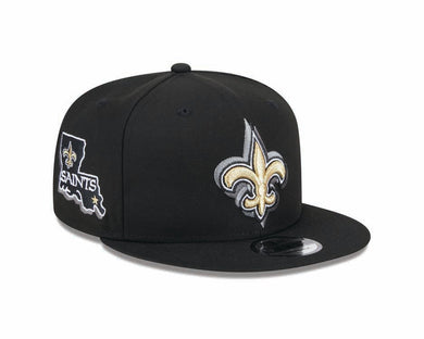 New Orleans Saints New Era NFL 9FIFTY 950 Snapback Cap Hat Black Crown/Visor Team Color Logo State Map (2024 Draft)