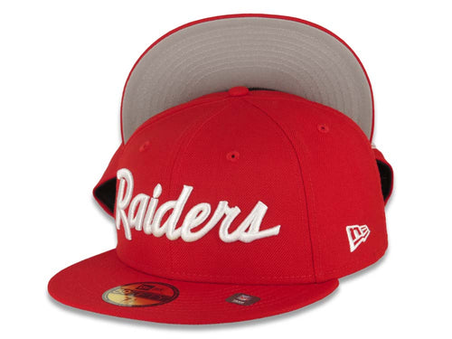 Raiders New Era 59FIFTY 5950 Fitted Cap Hat Red Crown/Visor White Text/Script Logo Gray UV