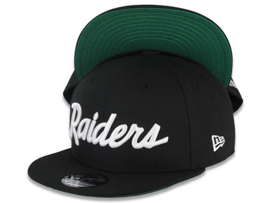 Las Vegas Raiders New Era 9FIFTY 950 Snapback Cap Hat Black Crown/Visor White Text/Script Logo Green UV