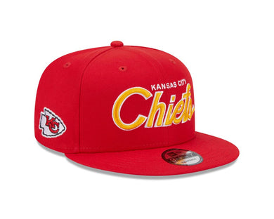 Kansas City Chiefs New Era NFL 9FIFTY 950 Snapback Cap Hat Red Crown/Visor Yellow Text/Script Logo