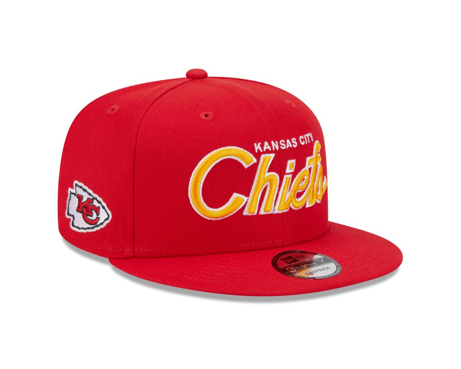 Kansas City Chiefs New Era NFL 9FIFTY 950 Snapback Cap Hat Red Crown/Visor Yellow Text/Script Logo