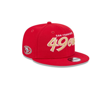 San Francisco 49ers New Era NFL 9FIFTY 950 Snapback Cap Hat Red Crown/Visor Wheat/White Text/Script Logo Team Logo Side Patch