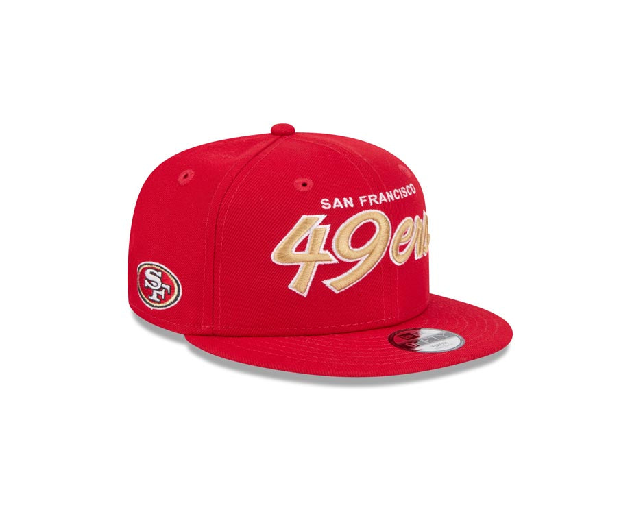 San Francisco 49ers New Era NFL 9FIFTY 950 Snapback Cap Hat Red Crown/Visor Wheat/White Text/Script Logo Team Logo Side Patch