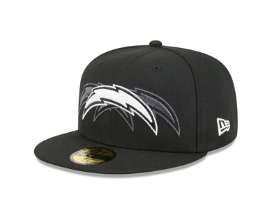 (Youth) Los Angeles Chargers New Era NFL 59FIFTY 5950 Kid Fitted Cap Hat Black Crown/Visor Black/White Tri Logo Gray UV