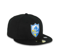 Load image into Gallery viewer, Chargers New Era NFL 59FIFTY 5950 Fitted Cap Hat Black Crown/Visor Team Color Shield Logo Gray UV
