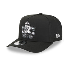 Load image into Gallery viewer, Las Vegas Raiders New Era 9FORTY 940 A-Frame Snapback Cap Hat Black Crown/Visor Gray Logo With Raider Rusher Cartoon
