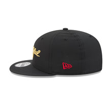 Load image into Gallery viewer, San Francisco 49ers New Era NFL 9FIFTY 950 Snapback Cap Hat Black Crown/Visor Metallic Gold Script/Text Logo Team Logo Side Patch Black UV
