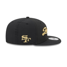Load image into Gallery viewer, San Francisco 49ers New Era NFL 9FIFTY 950 Snapback Cap Hat Black Crown/Visor Metallic Gold Script/Text Logo Team Logo Side Patch Black UV
