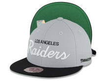 Load image into Gallery viewer, Los Angeles Raiders Mitchell &amp; Ness NFL Fitted Cap Hat Gray Crown Black Visor Black/White Script Logo
