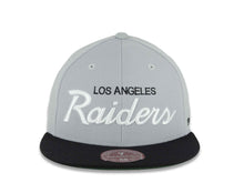 Load image into Gallery viewer, Los Angeles Raiders Mitchell &amp; Ness NFL Fitted Cap Hat Gray Crown Black Visor Black/White Script Logo
