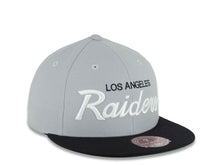 Load image into Gallery viewer, Los Angeles Raiders Mitchell &amp; Ness NFL Fitted Cap Hat Gray Crown Black Visor Black/White Script Logo
