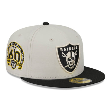 Las Vegas Raiders New Era 59FIFTY 5950 Fitted Cap Hat Stone Gray Crown Black Visor Team Color Logo 60th Anniversary Side Patch Gray UV