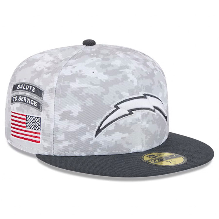 Los Angeles Chargers New Era NFL 59FIFTY 5950 Fitted Cap Hat Camo Crown Dark Gray Visor White/Gray Logo (2024 Salute To Service)