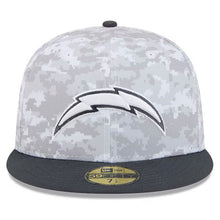 Load image into Gallery viewer, Los Angeles Chargers New Era NFL 59FIFTY 5950 Fitted Cap Hat Camo Crown Dark Gray Visor White/Gray Logo (2024 Salute To Service)
