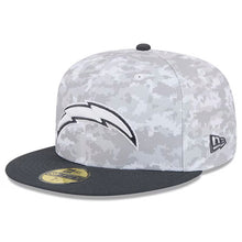 Load image into Gallery viewer, Los Angeles Chargers New Era NFL 59FIFTY 5950 Fitted Cap Hat Camo Crown Dark Gray Visor White/Gray Logo (2024 Salute To Service)
