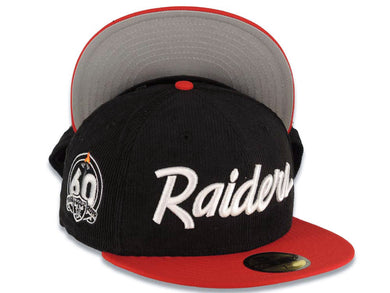 (Corduroy Crown) Las Vegas Raiders New Era NFL 59FIFTY 5950 Fitted Cap Hat Black Crown Red Visor White Script/Text Logo 60th Anniversary Side Patch