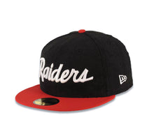 Load image into Gallery viewer, (Corduroy Crown) Las Vegas Raiders New Era NFL 59FIFTY 5950 Fitted Cap Hat Black Crown Red Visor White Script/Text Logo 60th Anniversary Side Patch
