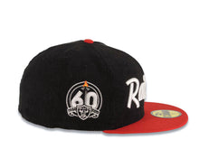 Load image into Gallery viewer, (Corduroy Crown) Las Vegas Raiders New Era NFL 59FIFTY 5950 Fitted Cap Hat Black Crown Red Visor White Script/Text Logo 60th Anniversary Side Patch
