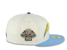 Load image into Gallery viewer, Los Angeles Chargers New Era NFL 59FIFTY 5950 Fitted Cap Hat Cream Crown Sky Blue Visor Yellow/Sky Blue/Gold Logo 2001 NFL Draft Side Patch Gray UV
