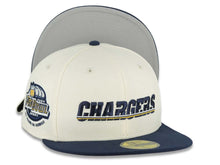 Load image into Gallery viewer, Los Angeles Chargers New Era NFL 59FIFTY 5950 Fitted Cap Hat Cream Crown Navy Blue Visor Navy Blue Script Logo 2004 Probowl Hawaii Side Patch
