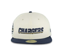 Load image into Gallery viewer, Los Angeles Chargers New Era NFL 59FIFTY 5950 Fitted Cap Hat Cream Crown Navy Blue Visor Navy Blue Script Logo 2004 Probowl Hawaii Side Patch
