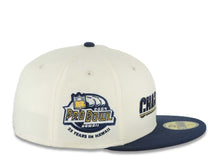 Load image into Gallery viewer, Los Angeles Chargers New Era NFL 59FIFTY 5950 Fitted Cap Hat Cream Crown Navy Blue Visor Navy Blue Script Logo 2004 Probowl Hawaii Side Patch
